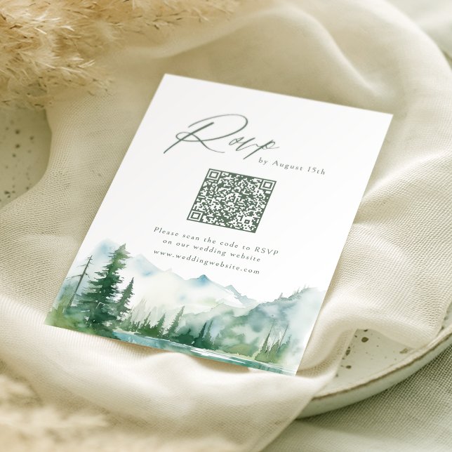 Salbei-Wasserfarben-Gebirgswald-Rustikal-QR-Code RSVP Karte (Sage Watercolor Mountain Forest Rustic QR code RSVP Card)