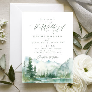 Salbei-Wasserfarben-Gebirgswald-Rustikale Hochzeit Einladung