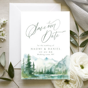Salbei-Wasserfarben-Gebirgswald-Rustikale-Hochzeit Save The Date