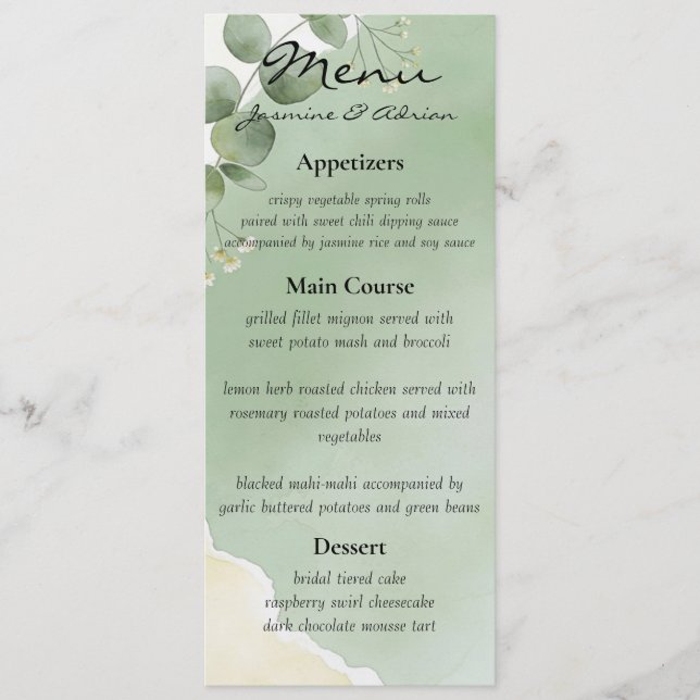 Salbei Whisper Botanical Hochzeitsmenü Menükarte (Vorderseite)