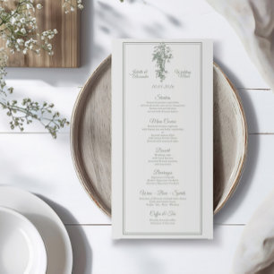 Salbeigraue Toile de Jouy Hochzeits-Menükarte Menükarte