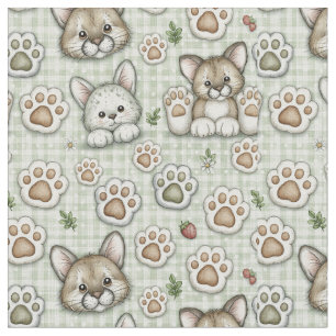 Salbeigrün Beige Gingham Süße Katzenpfotenabdruck  Stoff