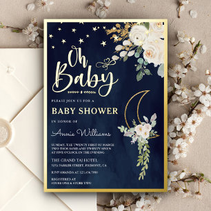 Salbeigrün Elfenbein Blumen Mond Navy Baby Shower Folieneinladung