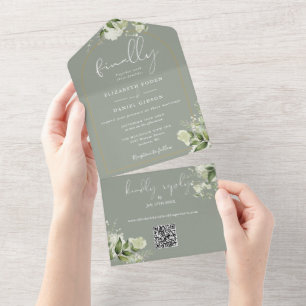 Salbeigrün Endlich Hochzeit Grüne PflanzenQR Code All In One Einladung