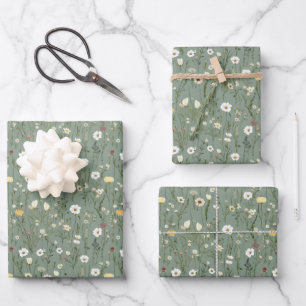 Salbeigrün Gelb Weiße Wildblumen Brautparty  Geschenkpapier Set