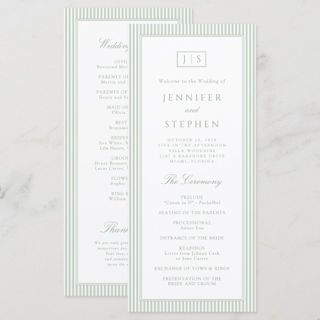 Salbeigrün gestreiftes Hochzeitsprogramm Programm (Vorne/Hinten)