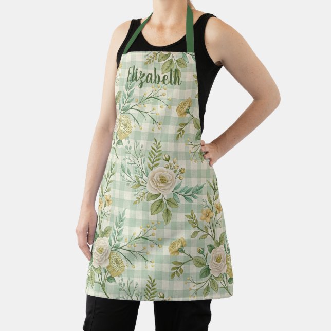 Salbeigrün Gingham Blumen Personalisiert Schürze (InSitu)