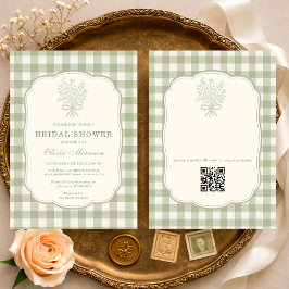 Salbeigrün Gingham Blumen QR Code Brautparty Einladung