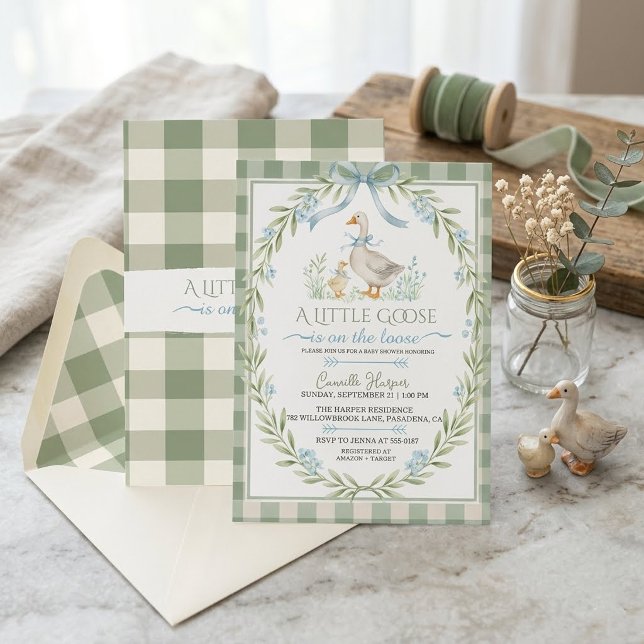 Salbeigrün Gingham Entenbaby-Party Einladung (Von Creator hochgeladen)