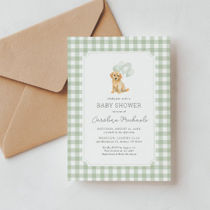 Salbeigrün Gingham Golden Retriever Babyparty Einladung