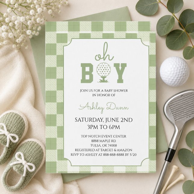 Salbeigrün Gingham Golf Baby Shower Einladung (Von Creator hochgeladen)