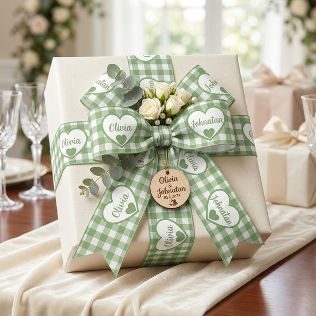 Salbeigrün Gingham-Herzen Benutzerdefinierte Paarn Satinband (Von Creator hochgeladen)