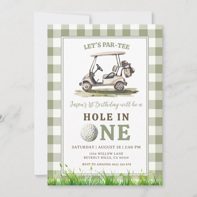 Salbeigrün Gingham Hole in One Golf Junge Geburtst Einladung (Vorderseite)