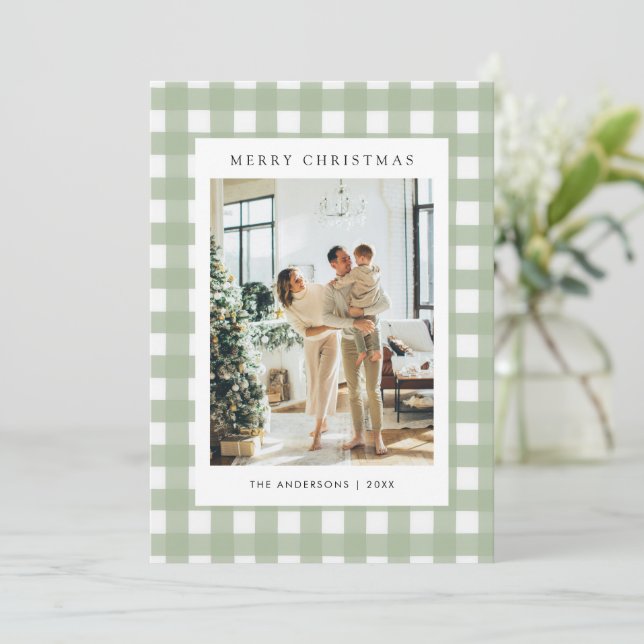 Salbeigrün Gingham Karo 5 Foto Weihnachten (Stehend Vorderseite)