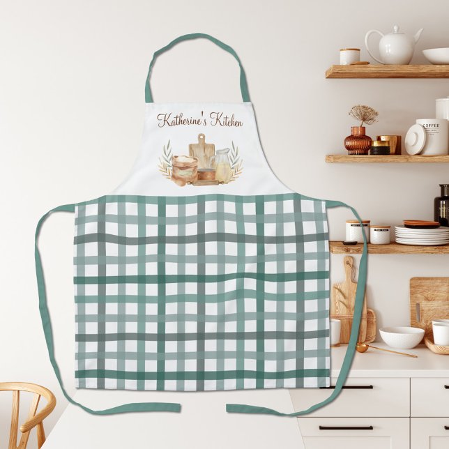 Salbeigrün Gingham Karomuster Backzubehör Schürze (In situ)