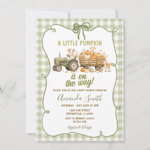 Salbeigrün Gingham-Kürbis-Traktor-Baby-Party Einladung