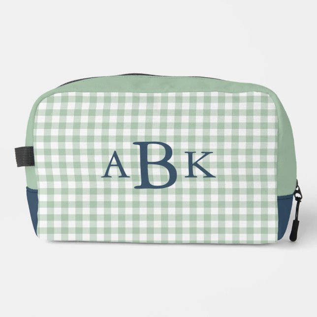 Salbeigrün Gingham Monogramm Waschbeutel (Vorderseite)
