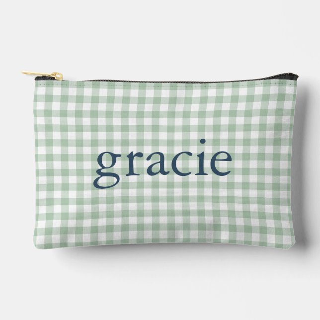 Salbeigrün Gingham Monogramm Zubehörtasche (Vorderseite)