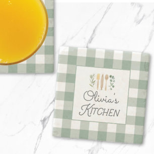 Salbeigrün Gingham-Muster Farmhouse Cottagecore Steinuntersetzer