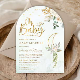 Salbeigrün Gold Elfenbein Floral Mondbogen Babypar Einladung
