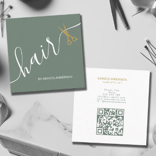 Salbeigrün Gold Haar Schrift Schere QR Code Quadratische Visitenkarte