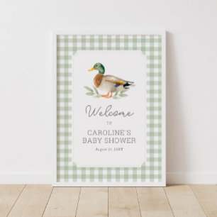 Salbeigrün kariert Enten-Baby-Party-Willkommenssch Poster