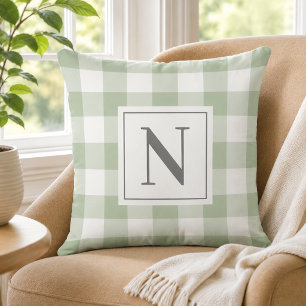Salbeigrün kariert mit Monogramm-Initiale Kissen