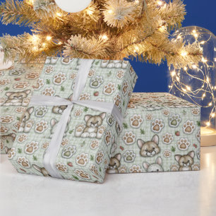 Salbeigrün kariertes Kitten-Pfotenabdruck-Geschenk Geschenkpapier