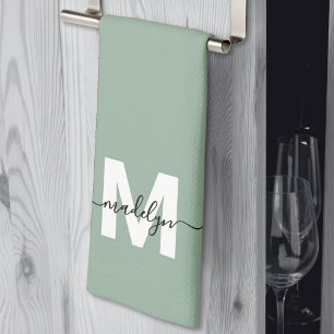 Salbeigrün Name Monogramm Geschirrtuch