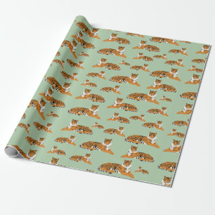Salbeigrün Orange Dschungel Tiger Tier Muster  Geschenkpapier