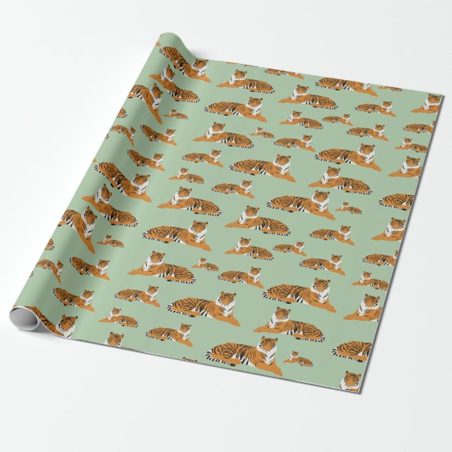 Salbeigrün Orange Dschungel Tiger Tier Muster  Geschenkpapier (Ungerollt)