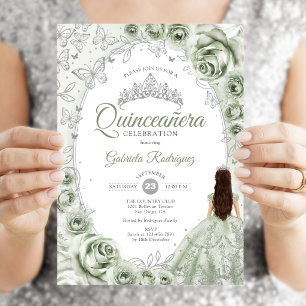 Salbeigrün Silber Floral Quinceanera Einladung