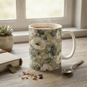 Salbeigrün und cremefarbene Blüten Kaffeetasse