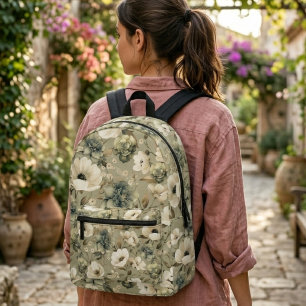 Salbeigrün und cremefarbene Floral  Bedruckter Rucksack