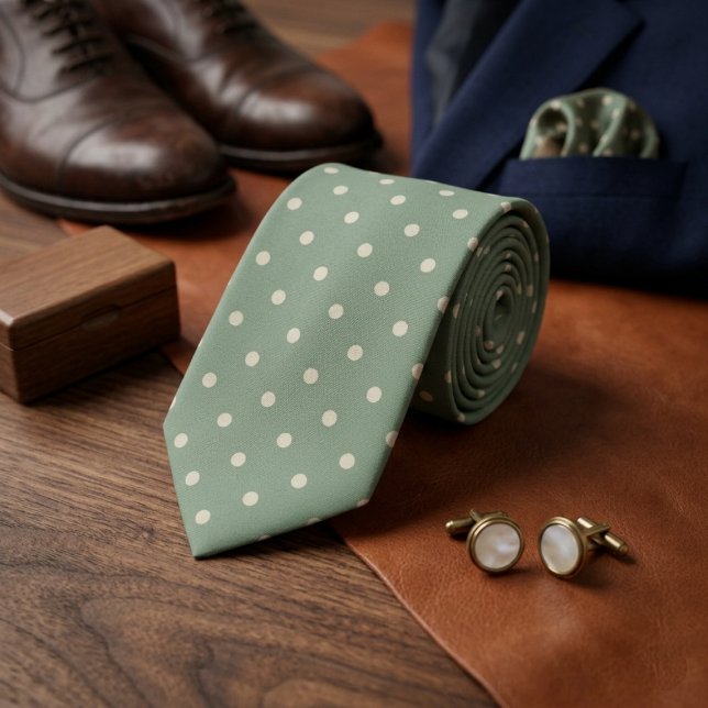 Salbeigrün und cremefarbene Polka-Dots Krawatte (Von Creator hochgeladen)