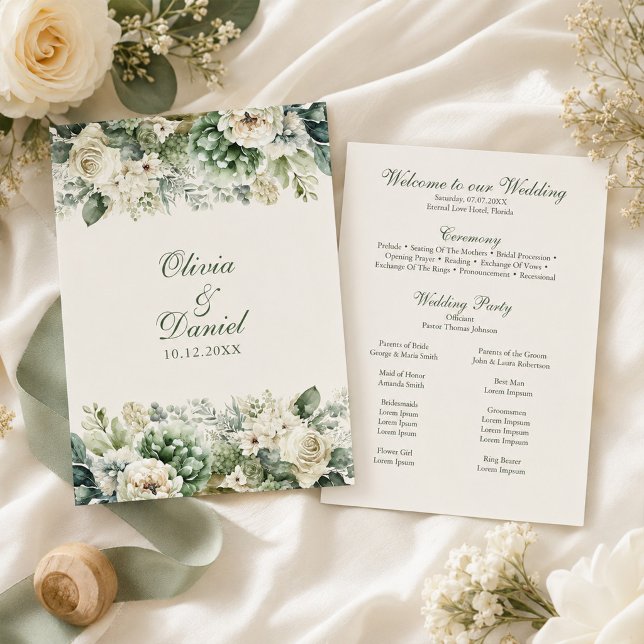 Salbeigrün und Elfenbein Hochzeitsprogramm mit Wil Programm (Boho Sage Green and Ivory Flowers Wedding Program with wedding decor and white flowers)