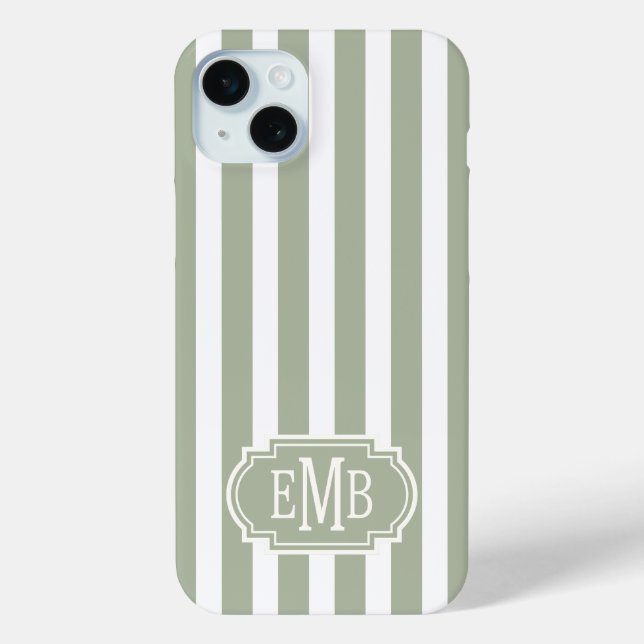 Salbeigrün und weiße monogrammierte Streifen Case-Mate iPhone Hülle (Rückseite)