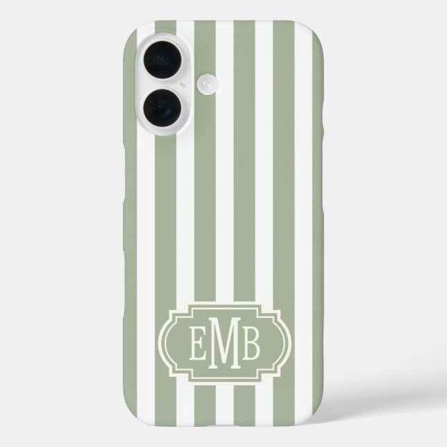 Salbeigrün und weiße monogrammierte Streifen Case-Mate iPhone Hülle (Rückseite)