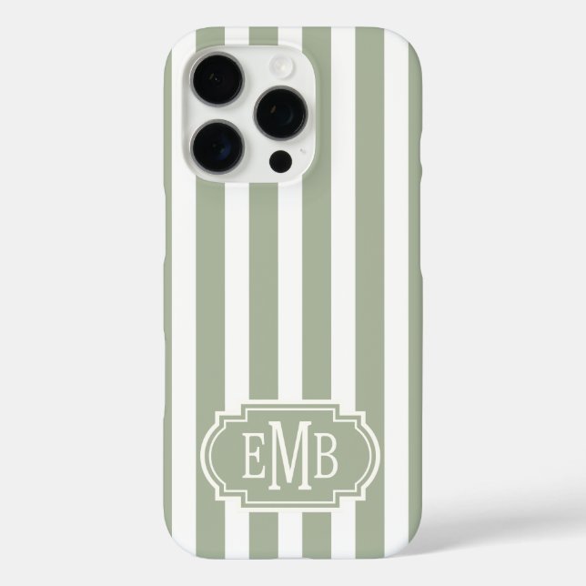 Salbeigrün und weiße monogrammierte Streifen Case-Mate iPhone Hülle (Rückseite)