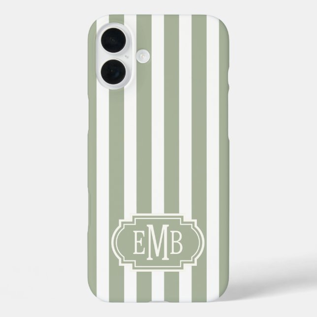 Salbeigrün und weiße monogrammierte Streifen Case-Mate iPhone Hülle (Rückseite)