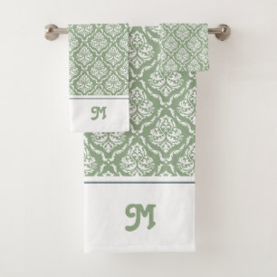 Salbeigrün und weiße Vintage-Damaske mit Monogramm Badhandtuch Set