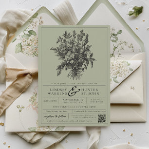 Salbeigrün Vintage Floral Romantische Gartenhochze Einladung