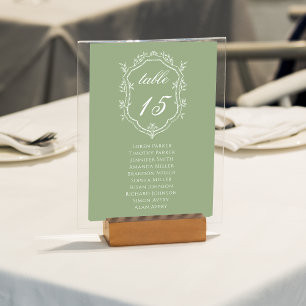 Salbeigrün-weiße Blumenschild-Hochzeitssitzplan Tischnummer