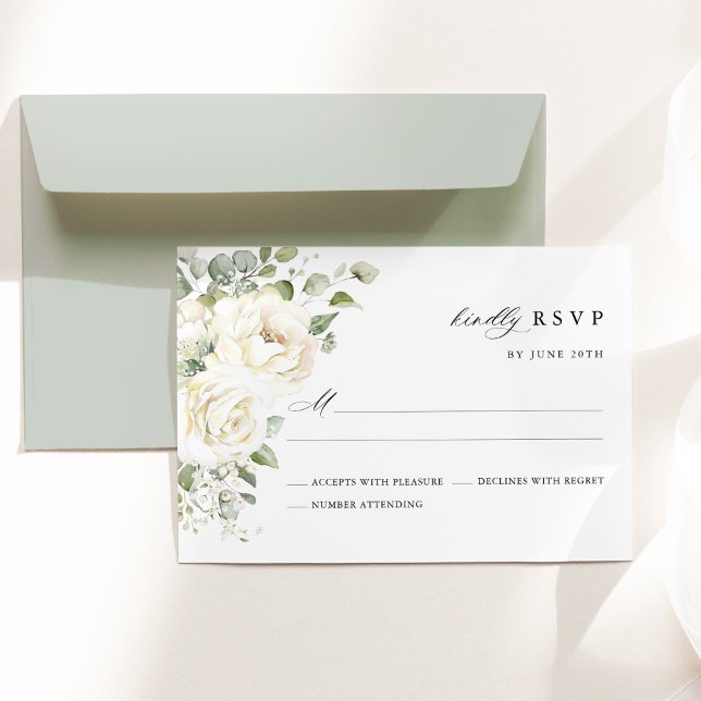 Salbeigrün Weiße Florale Wasserfarbe Elegante Hoch RSVP Karte (Sage green white floral watercolor wedding RSVP card, Elegant classic botanical stationery, indoor)