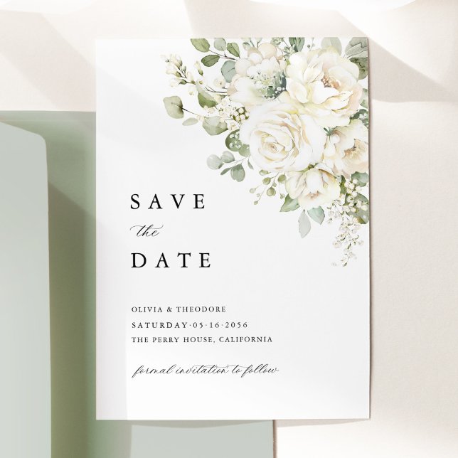Salbeigrün Weiße Florale Wasserfarbe Elegante Hoch Save The Date (Sage green white floral watercolor save the date wedding card, elegant wedding stationery)