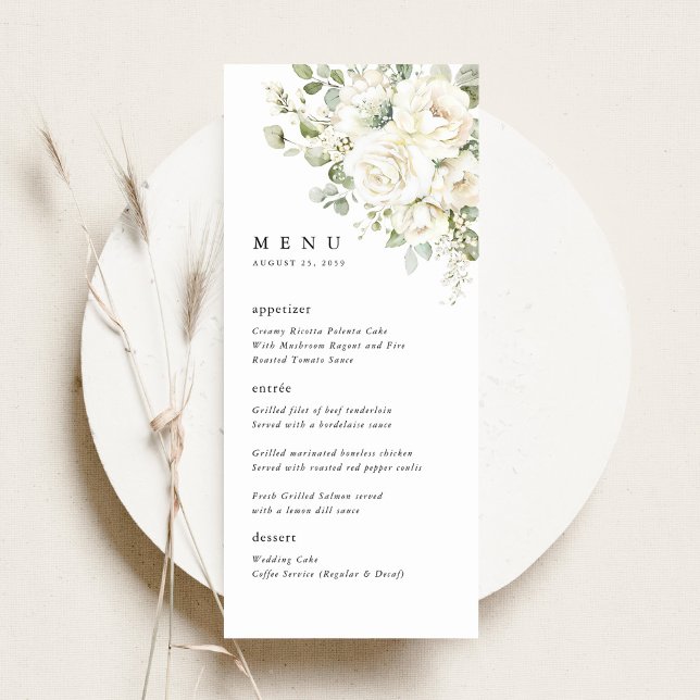 Salbeigrün Weiße Florale Wasserfarben Hochzeitsdin Menükarte (Sage green white floral wedding menu card, watercolor roses elegant reception stationery, flat lay)