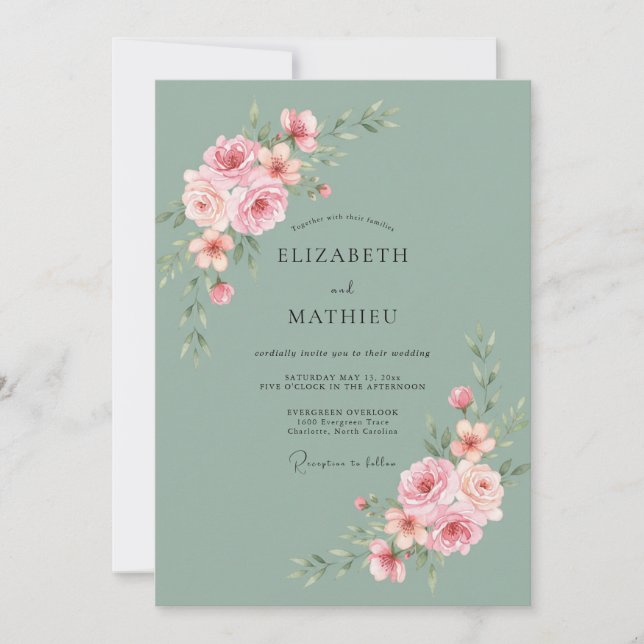 Salbeigrüne Anmutige Rosenhochzeit Einladung (Vorderseite)
