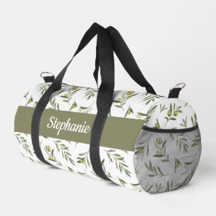 Salbeigrüne Aquarell-Oliven-Monogramm Duffle Bag