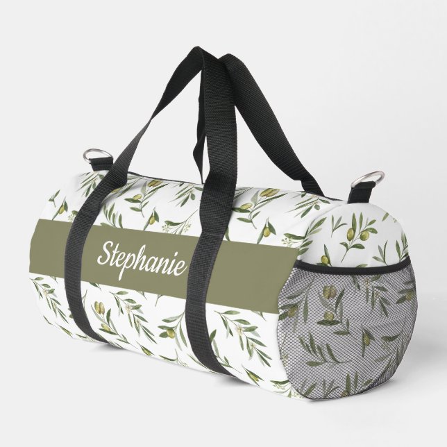 Salbeigrüne Aquarell-Oliven-Monogramm Duffle Bag (Rechte Ecke)
