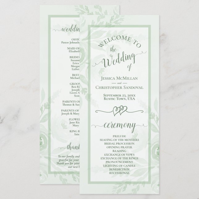 Salbeigrüne Aquarell-Pfingstrosen Elegante Boho-Ho Programm (Vorne/Hinten)
